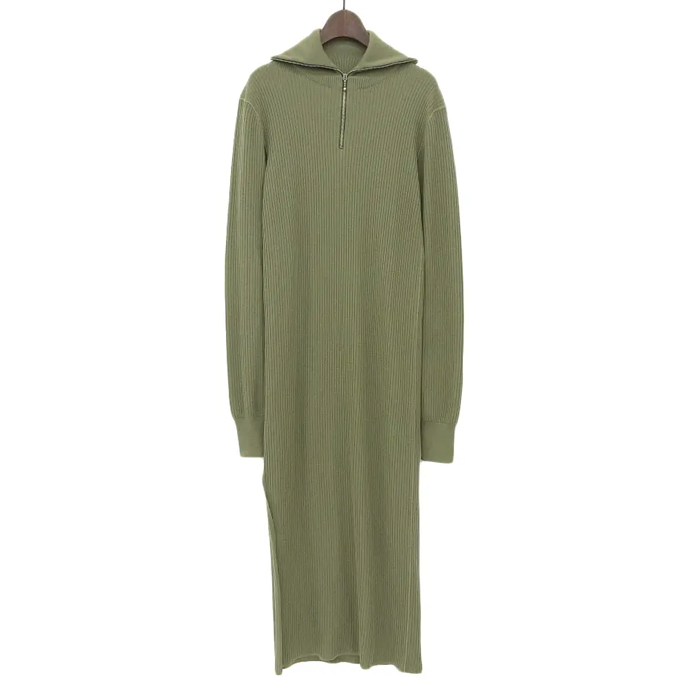 JIL SANDER+ ジルサンダープラス ハーフジップ サイドスリット ウール ニットワンピース 34 カーキ