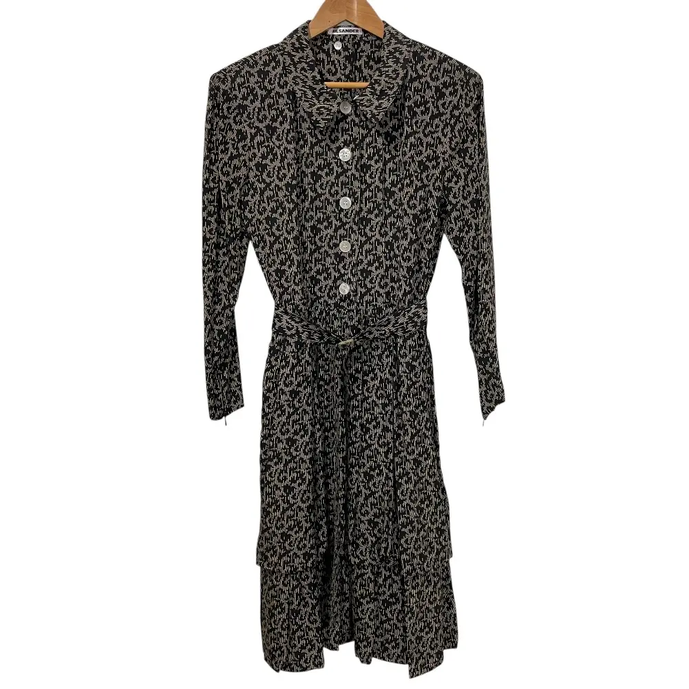 JIL SANDER+ ジルサンダー ヴィンテージ 総柄 ベルテッド ロングシャツワンピース 36 ブラック×ベージュ
