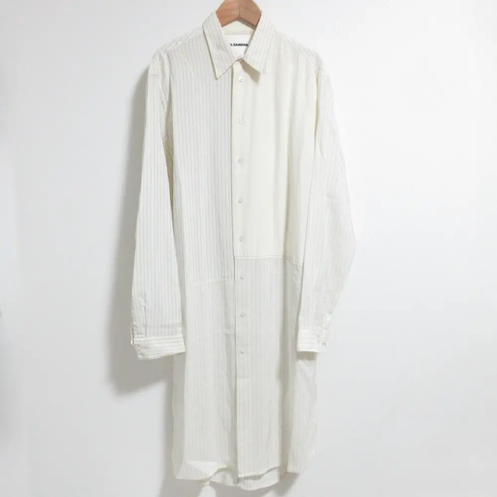 JIL SANDER ジルサンダー ストライプ シルクブレンド ロングスリーブ シャツワンピース サイズ40 ホワイト