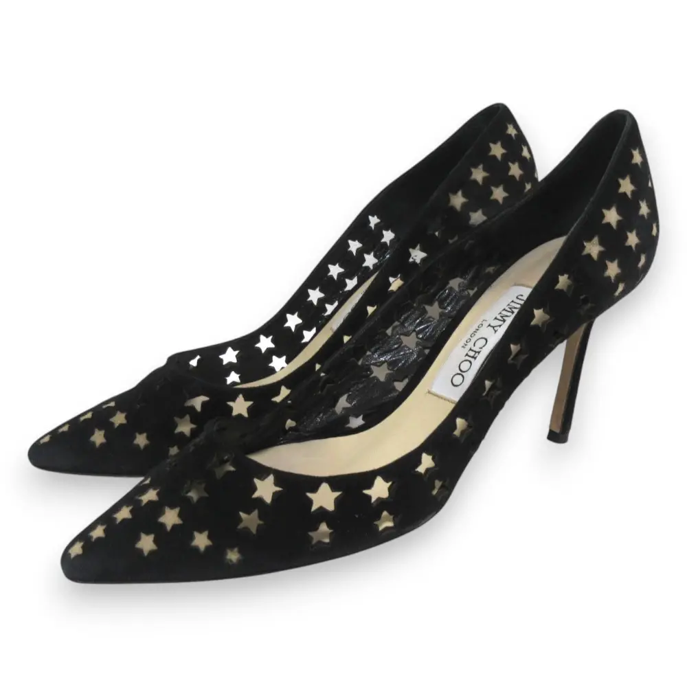 JIMMY CHOO ジミーチュウ スエード スターカットアウト ポインテッドトゥ パンプス 37 約24cm ブラック