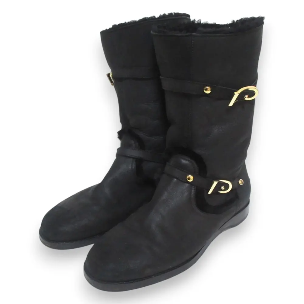JIMMY CHOO ジミーチュウ レザー ムートンブーツ 37 約24cm ブラック×ゴールド金具
