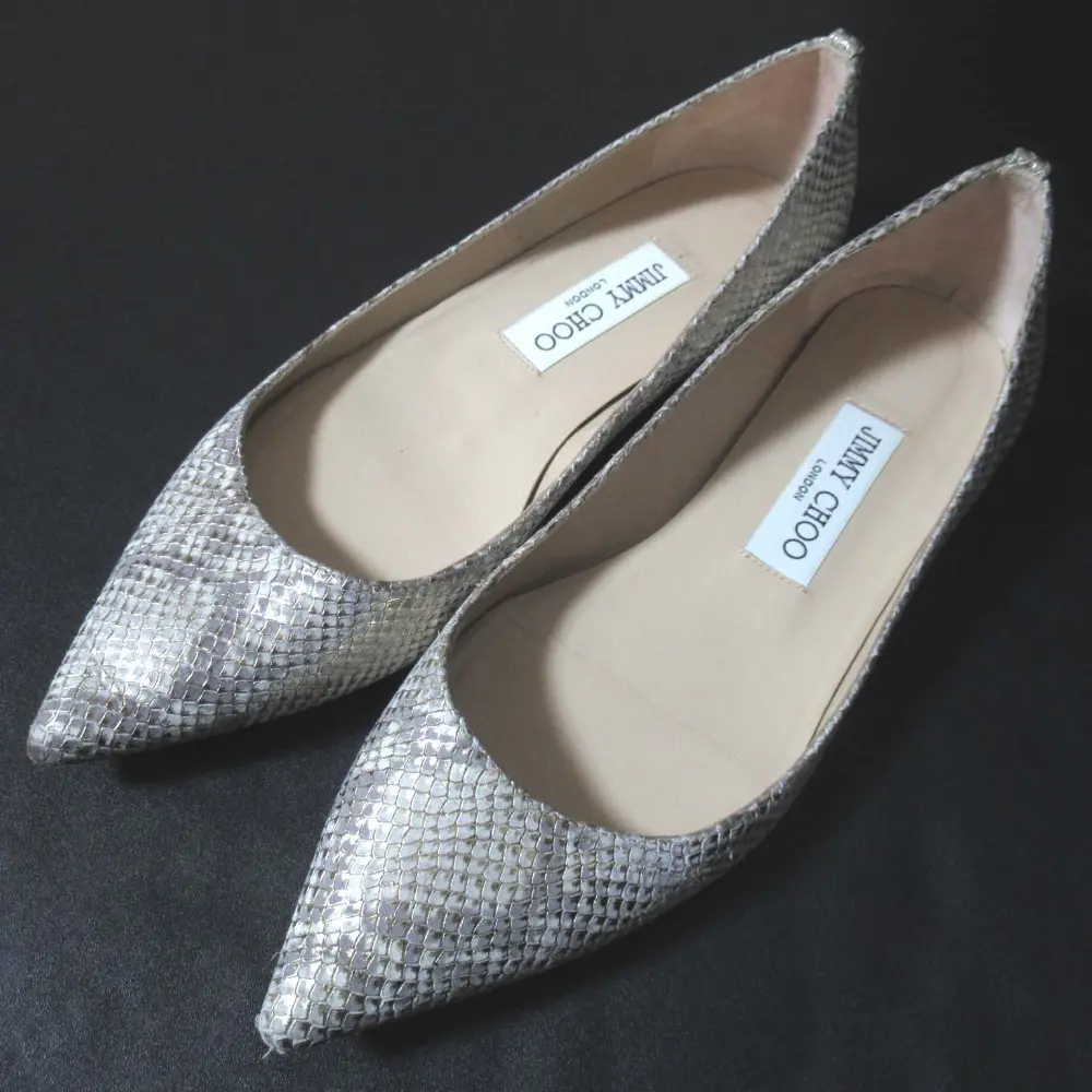 JIMMY CHOO ジミーチュウ パイソン柄 レザー ポインテッドトゥ フラットシューズ パンプス 36.5 23.5cm相当 ゴールド系