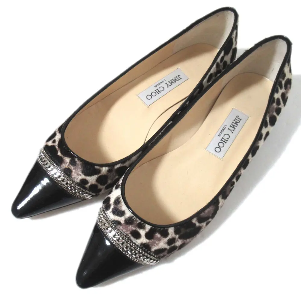 JIMMY CHOO ジミーチュウ レオパード柄 チェーン ハラコ パテントレザー ポインテッドトゥ フラットシューズ パンプス 38 約24.5cm
