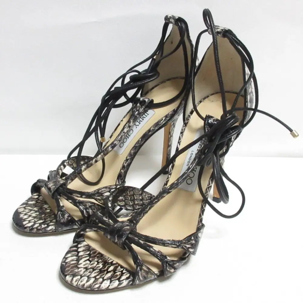 JIMMY CHOO ジミーチュウ パイソン柄 レザー レースアップ ピンヒール ハイヒール サンダル 37 24cm相当 ブラック×ホワイト