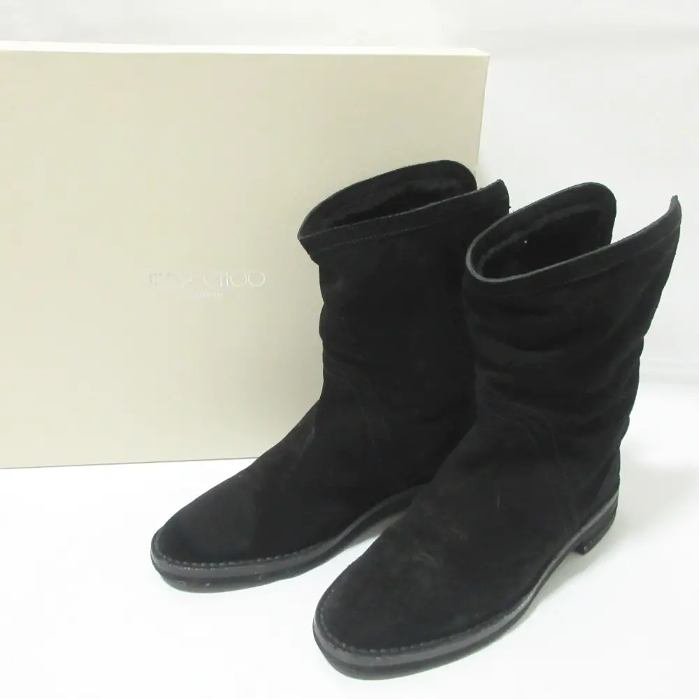 JIMMY CHOO ジミーチュウ バックファスナー スエード 裏地ボア ショートブーツ 39 約24.5cm ブラック