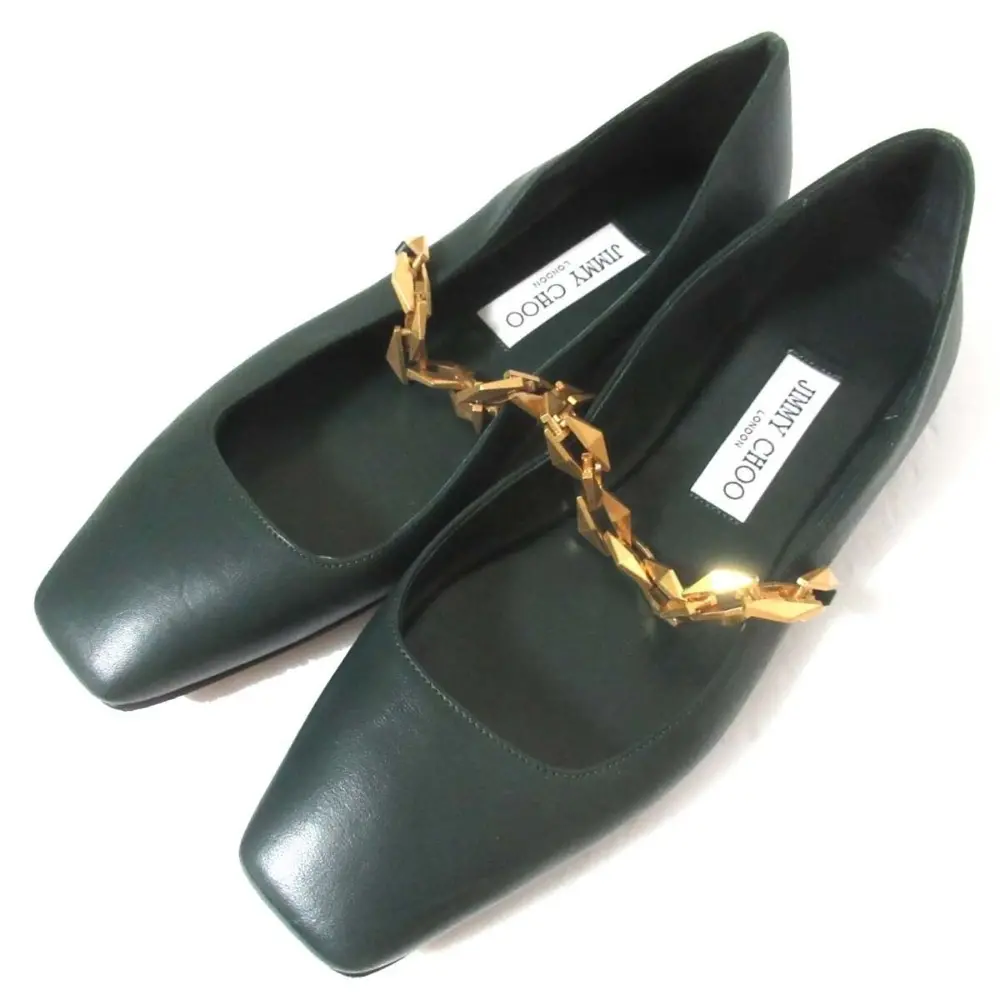 23AW JIMMY CHOO ジミーチュウ Diamond Tilda Flat チェーン フラットシューズ パンプス 38.5 25.5 グリーン ゴールド