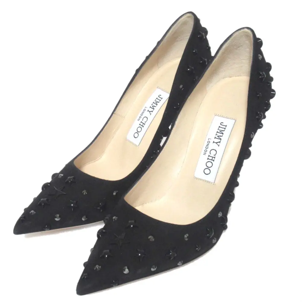 JIMMY CHOO ジミーチュウ スタースタッズ ゴートスエード レザー ポインテッドトゥ ハイヒール パンプス 34.5 21.5cm ブラック