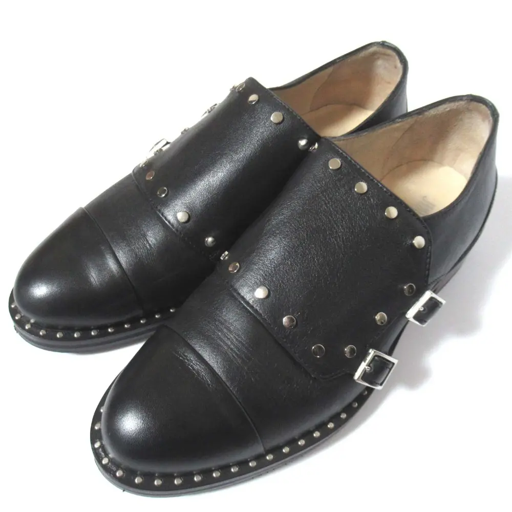 JIMMY CHOO ジミーチュウ レザー スタッズ ダブルモンク シューズ ローファー 37サイズ 24cm相当 ブラック×シルバー金具