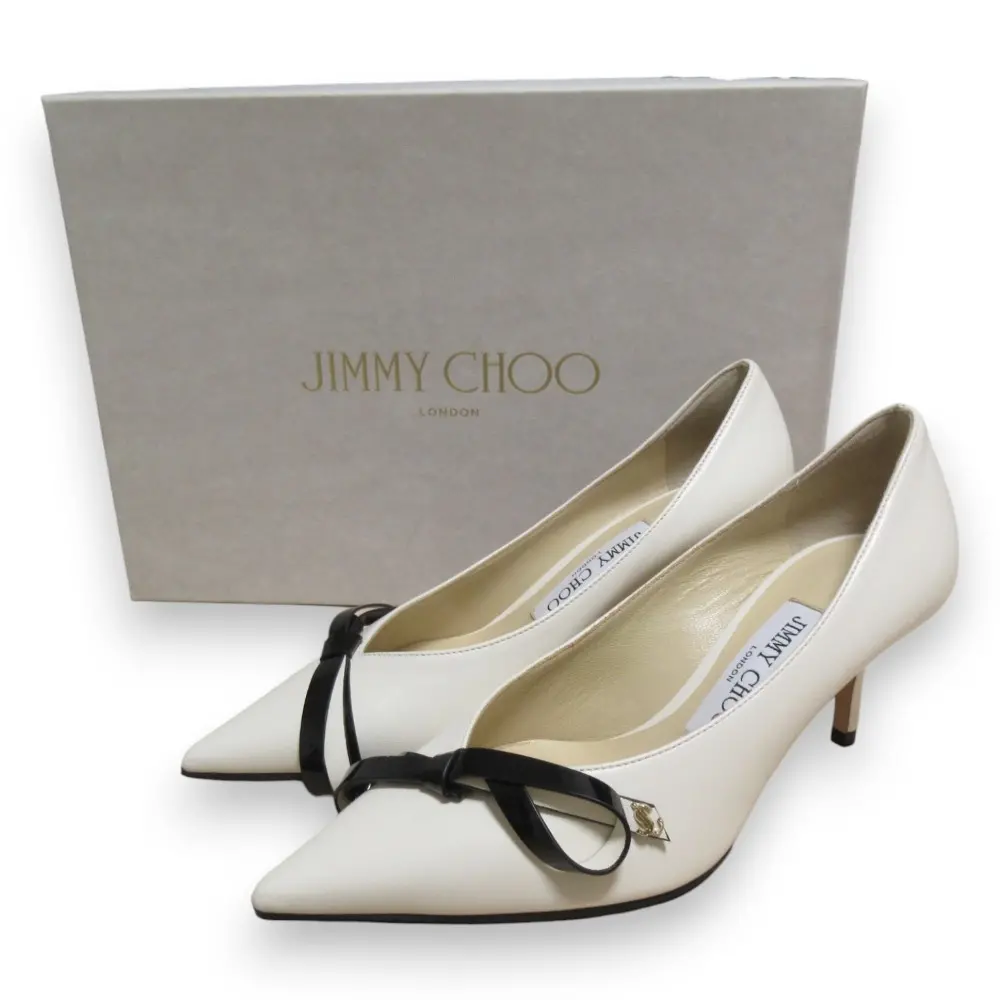 JIMMY CHOO ジミーチュウ SCARLETTE65 レザー リボン ポインテッドトゥ ヒール パンプス 35 約22cm ホワイト×ブラック