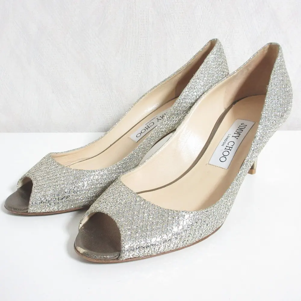 JIMMY CHOO ジミーチュウ ラメ グリッター オープントゥ ピンヒール パンプス 36.5 23.5cm相当 シルバー