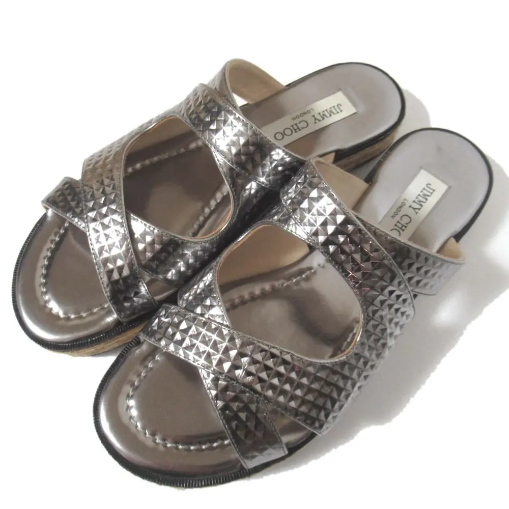 JIMMY CHOO ジミーチュウ レザー スライド サンダル 38サイズ 25cm相当 メタリック シルバー