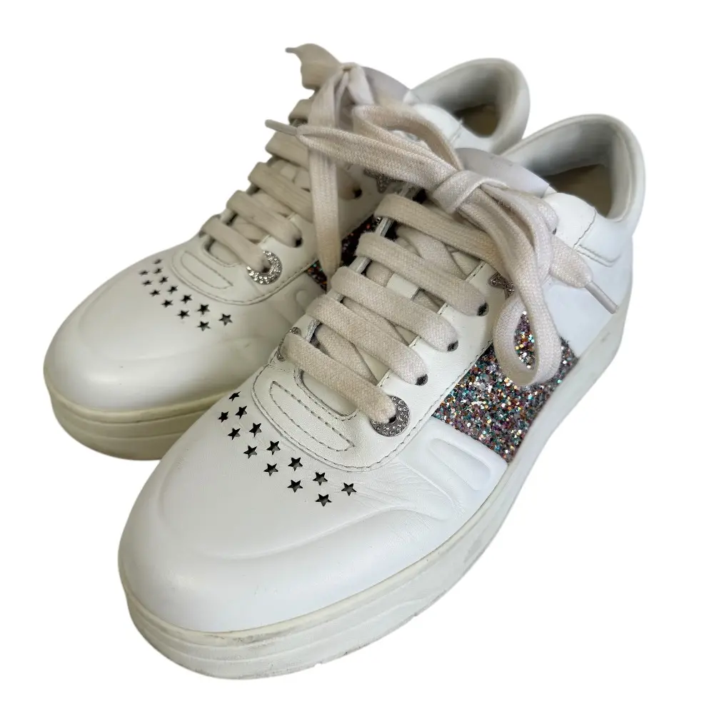 JIMMY CHOO ジミーチュウ HAWAII レザー グリッター スター ローカットスニーカー 36 23cm相当 ホワイト
