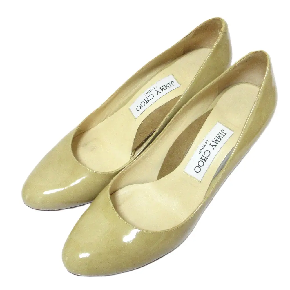 JIMMY CHOO ジミーチュウ パテント レザー チャンキーヒール アーモンドトゥ パンプス 37 24.0cm ベージュ