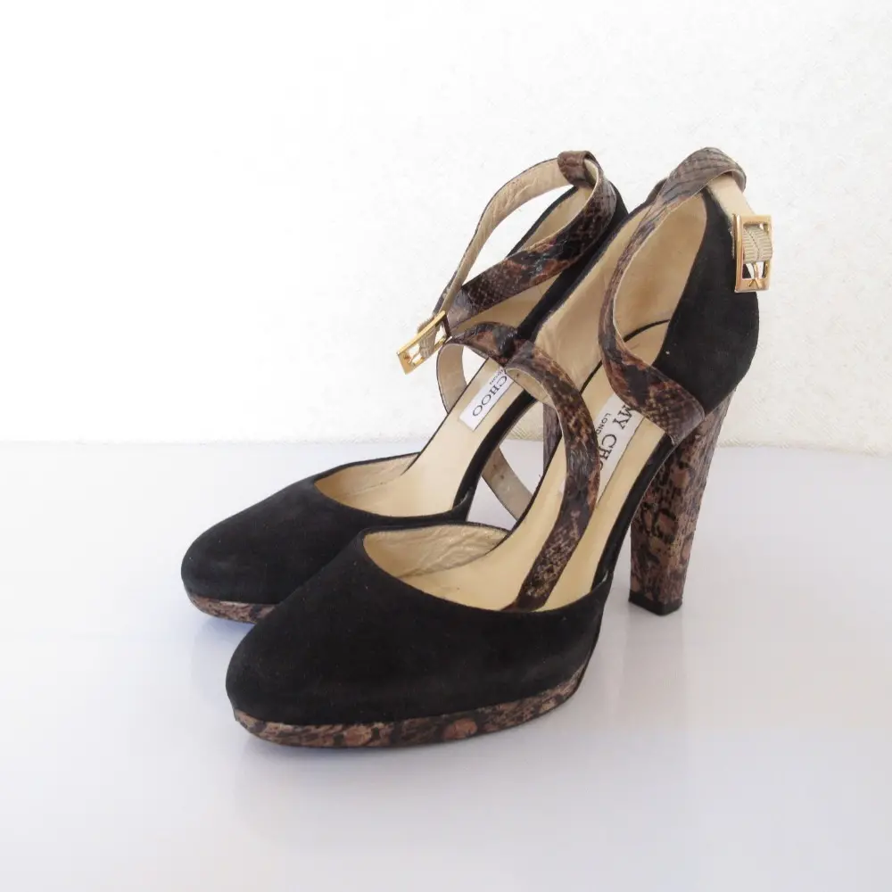 JIMMY CHOO ジミーチュウ パイソン柄コンビ ハイヒール アンクルストラップ パンプス 35.5 22.5cm ブラック×ブラウン