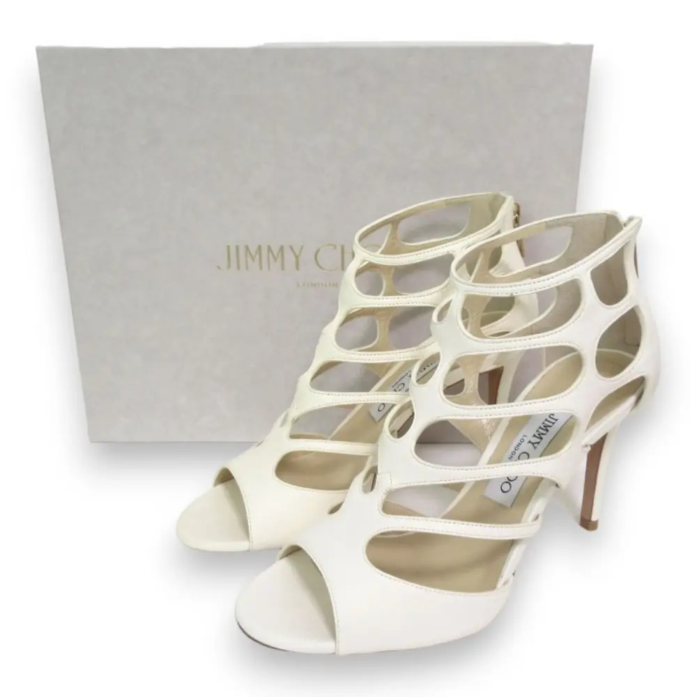 JIMMY CHOO ジミーチュウ REN 85 カットアウト レザー オープントゥ ピンヒール サンダル 37.5 約24.5cm ホワイト