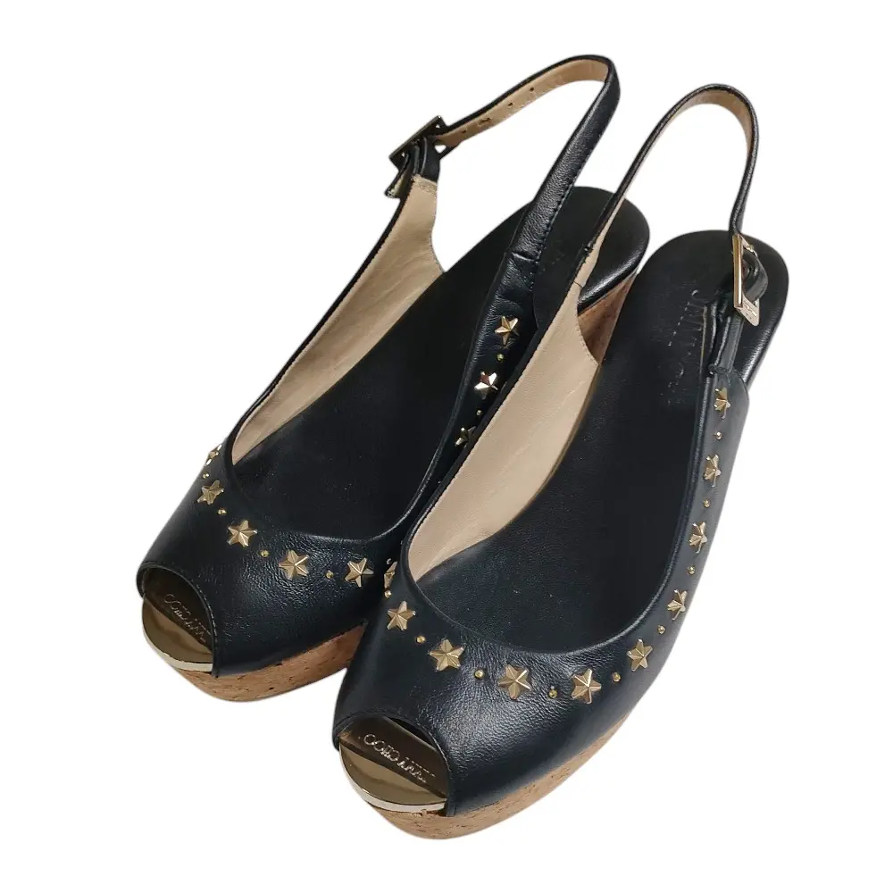 JIMMY CHOO ジミーチュウ PRAISE レザー コルク スタッズ オープントゥ ウェッジソール サンダル 35 22cm相当 ブラック