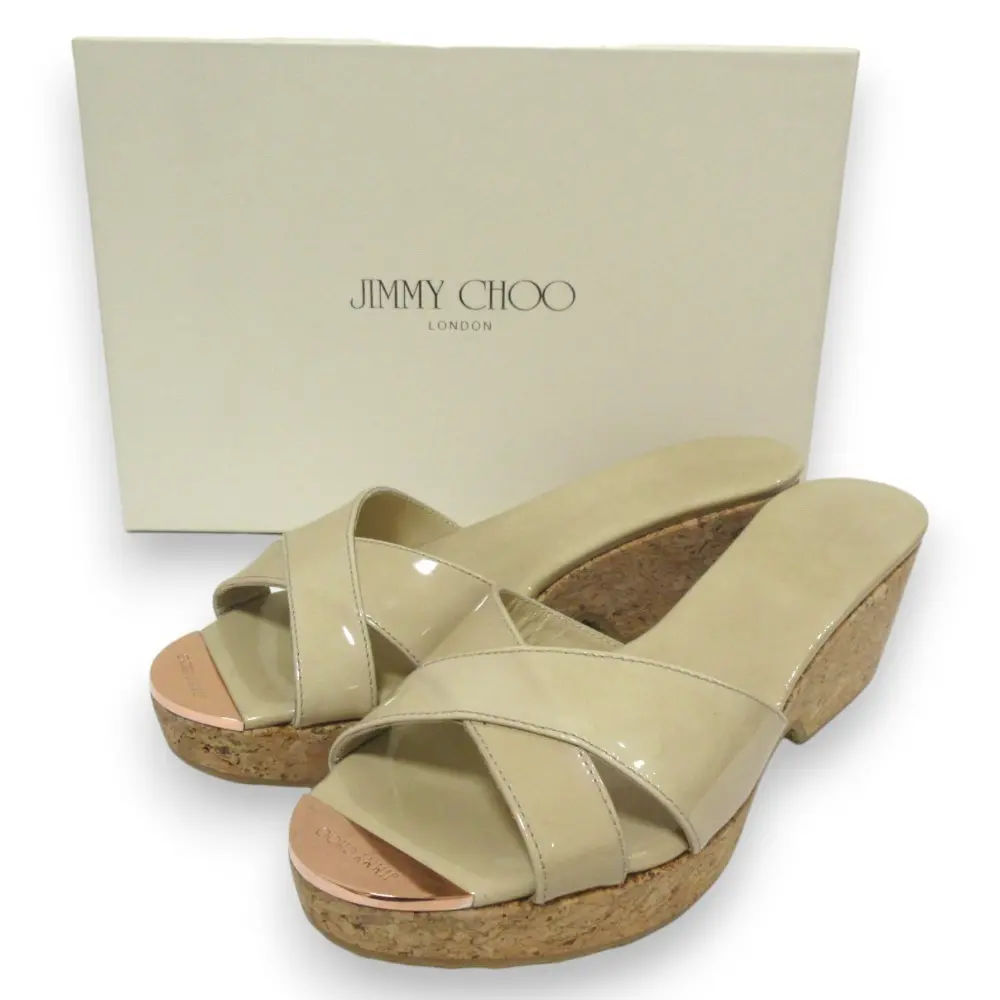 JIMMY CHOO ジミーチュウ パテントレザー ストラップ ウェッジソール コルクサンダル ミュール 38 約25cm ベージュ