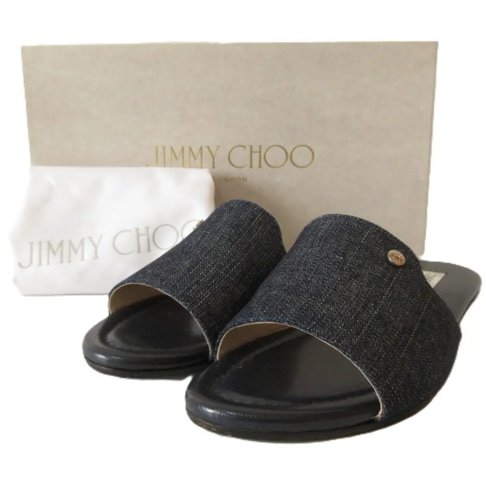 JIMMY CHOO ジミーチュウ NANDA デニム ロゴ金具 フラット ミュール サンダル サイズ37 約24cm インディゴブルー