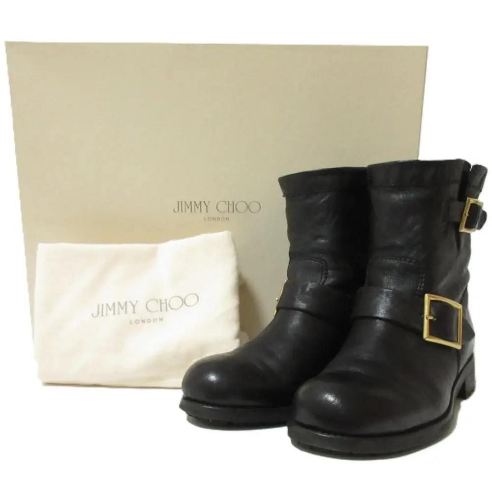 JIMMY CHOO ジミーチュウ レザー ロゴプレート エンジニアブーツ ショートブーツ 36 1/2 約23.5cm ブラック