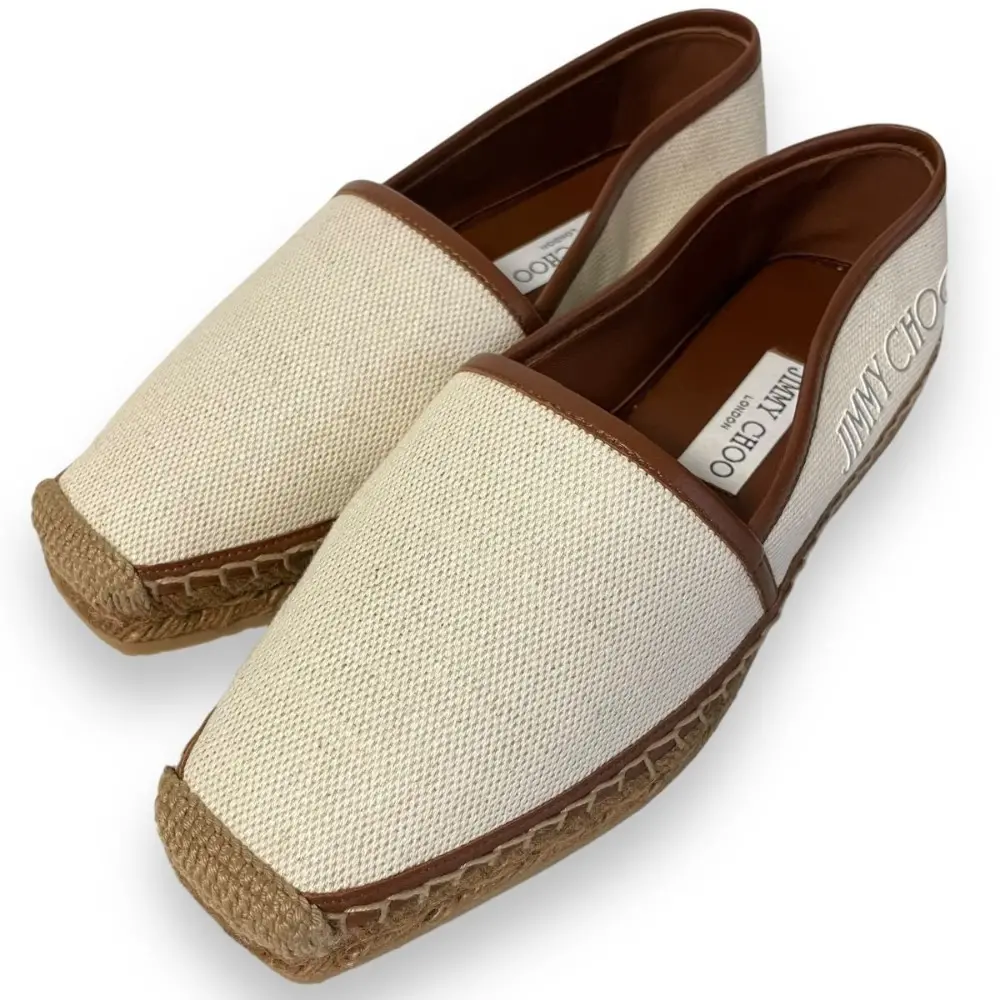 JIMMY CHOO ジミーチュウ レザー×キャンバス エスパドリーユ スクエアトゥ フラットシューズ 36 23cm相当 オフホワイト×キャメル