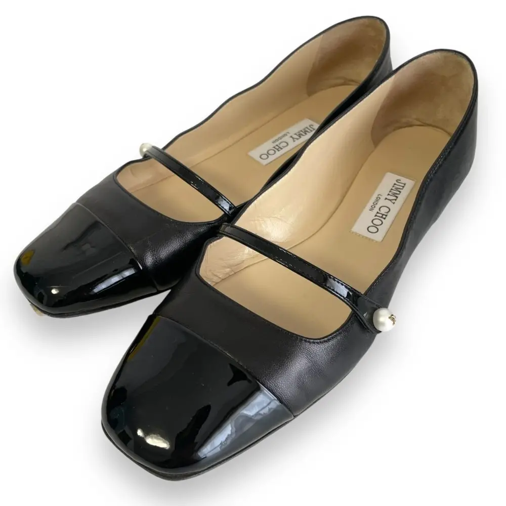 JIMMY CHOO ジミーチュウ ELISA 2023年製 レザー メリージェーン フラットシューズ パンプス 39 1/2 26.5cm ブラック