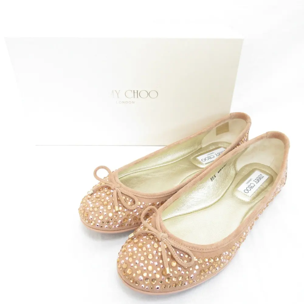 JIMMY CHOO ジミーチュウ SCY Suede w Cristall-505 Blush スエード バレエシューズ パンプス 38.5 約25.5cm ピンクベージュ