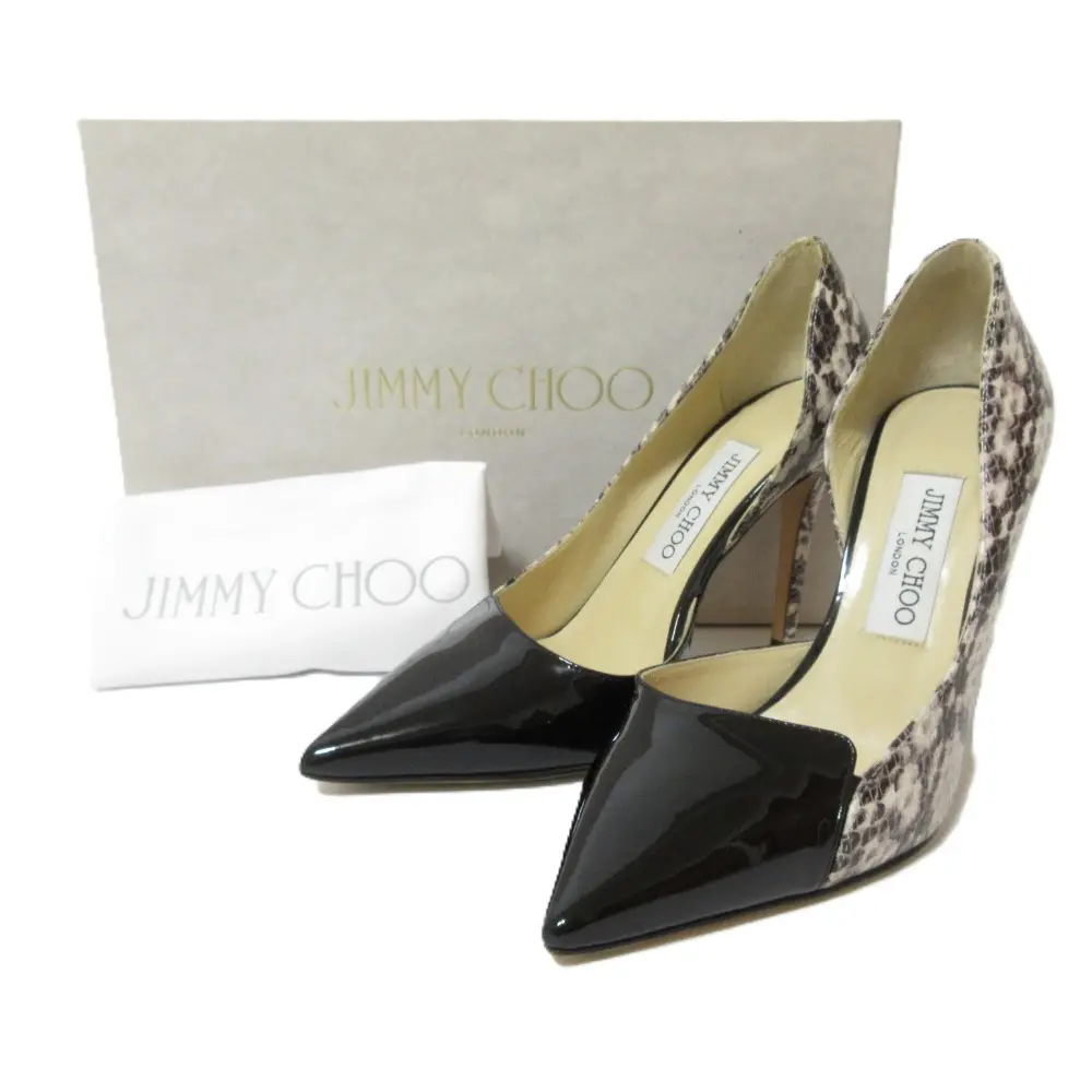 JIMMY CHOO ジミーチュウ パテントレザー パイソン型押し ポインテッドトゥ ピンヒール パンプス 37 約24cm ベージュ ブラック