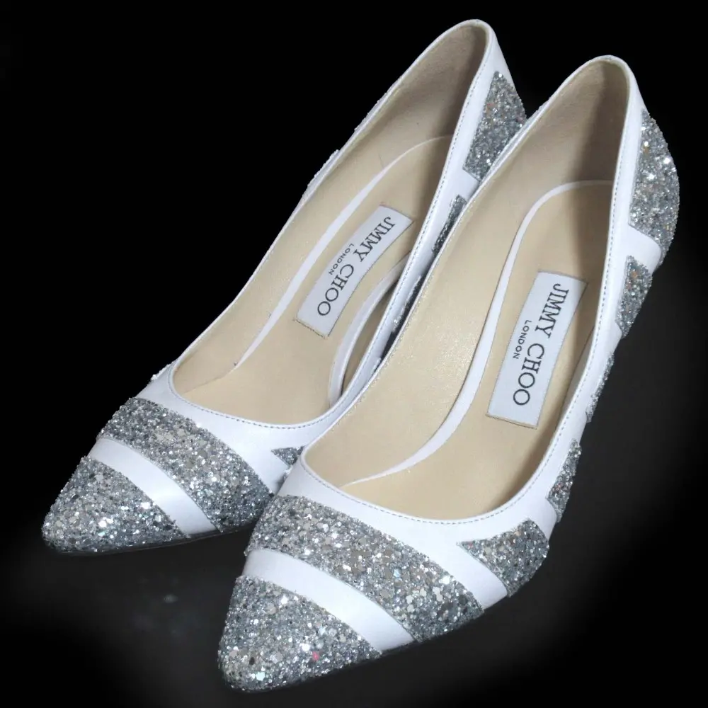 JIMMY CHOO ジミーチュウ レザー ポインテッドトゥ ハイヒール グリッター パンプス 36.5 23.5cm シルバー×ホワイト