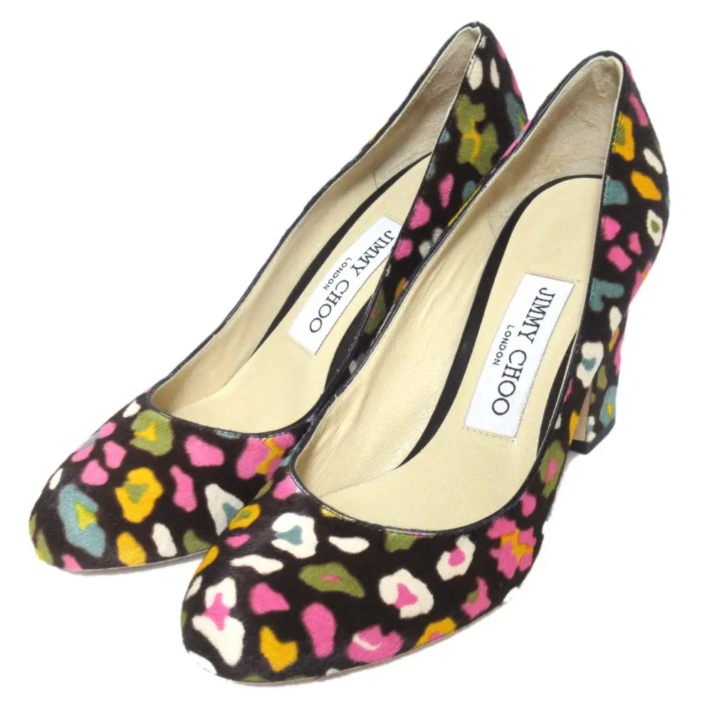 JIMMY CHOO ジミーチュウ BILLIE 85 レオパード柄 ハラコ レザー チャンキーヒール パンプス 34.5 約21.5cm マルチカラー