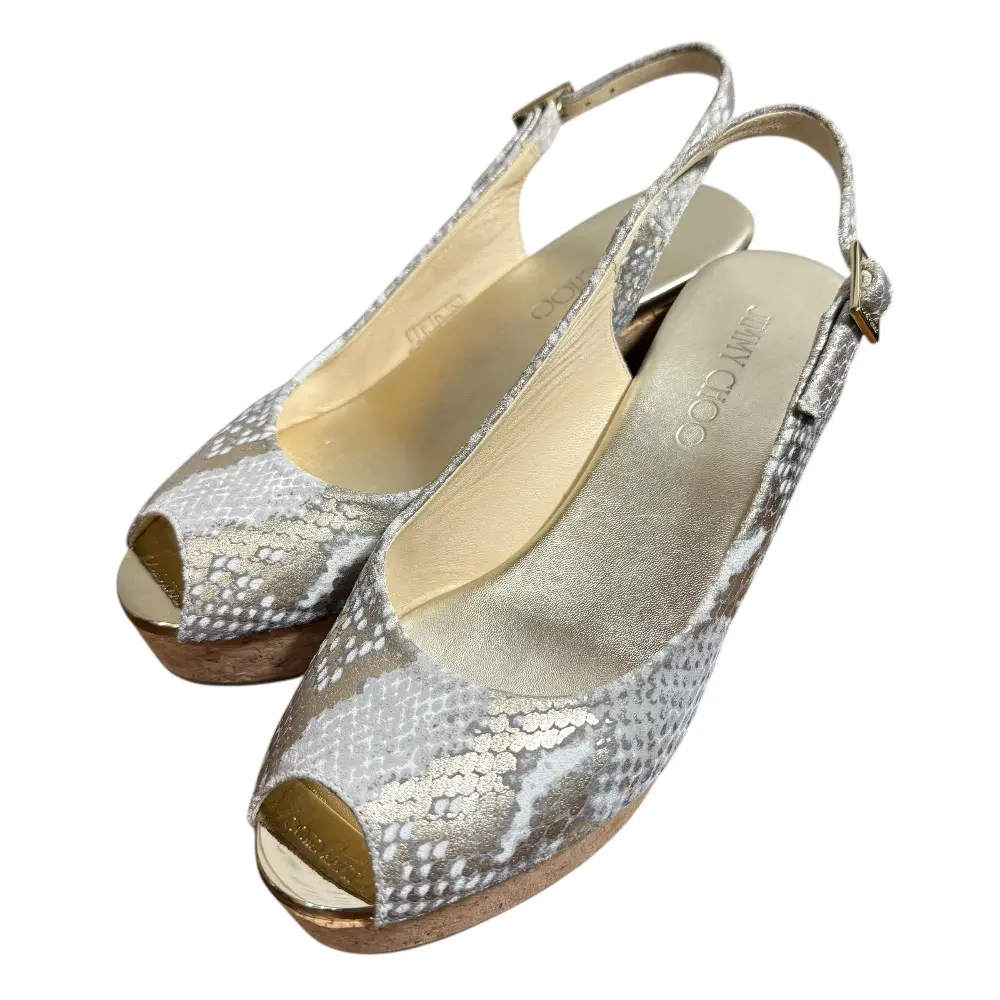 JIMMY CHOO ジミーチュウ パイソン柄 アンクルストラップ ウェッジソール サンダル 24cm相当 グレーの買取実績【2025年2月買取】