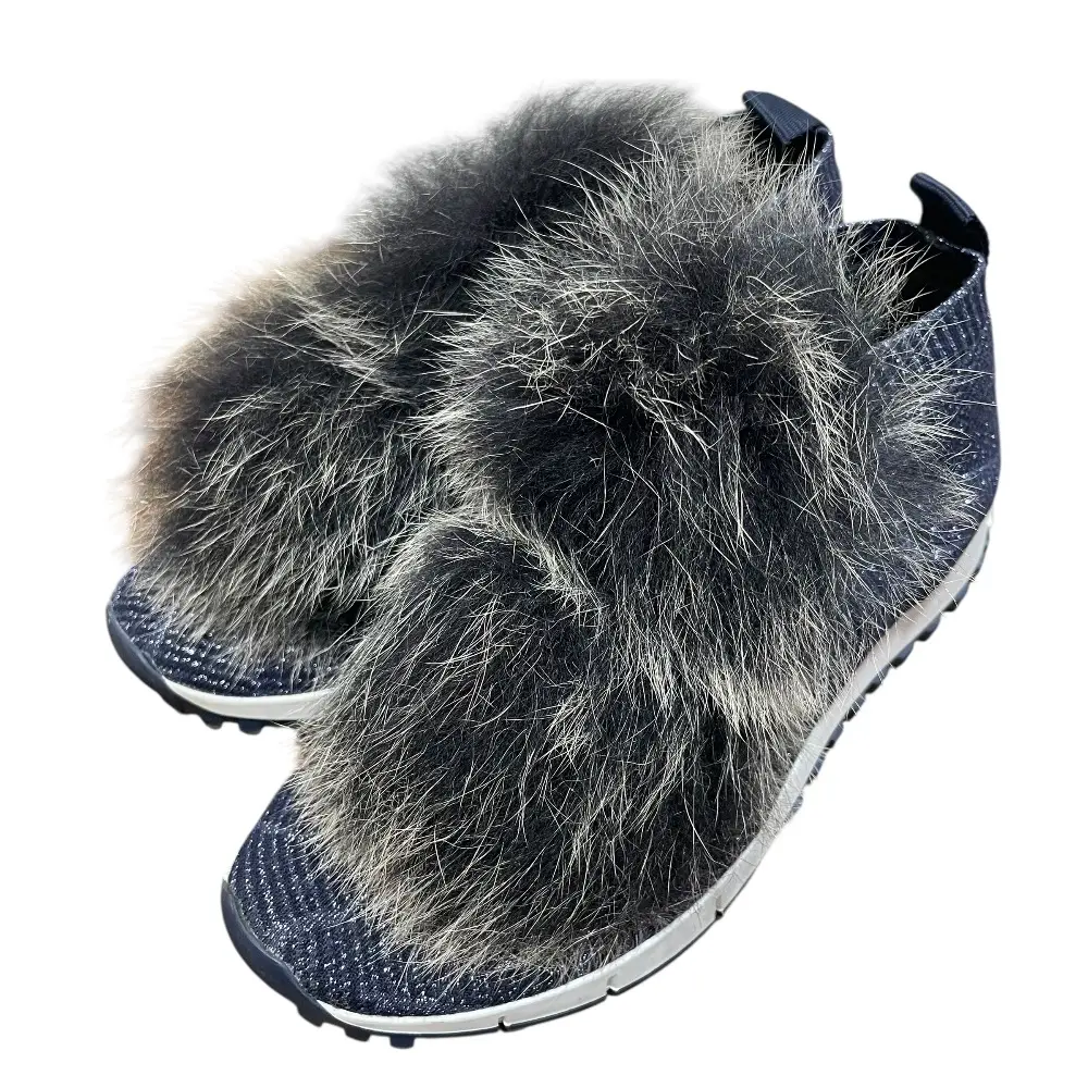 JIMMY CHOO ジミーチュウ NORWAY ファー ラメ ニットスニーカー 36 23cm相当 ネイビー