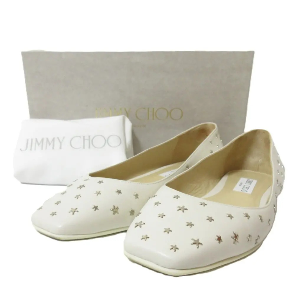 JIMMY CHOO ジミーチュウ レザー スタースタッズ JCロゴ金具 スクエアトゥ フラットシューズ パンプス 40 約27cm オフホワイト