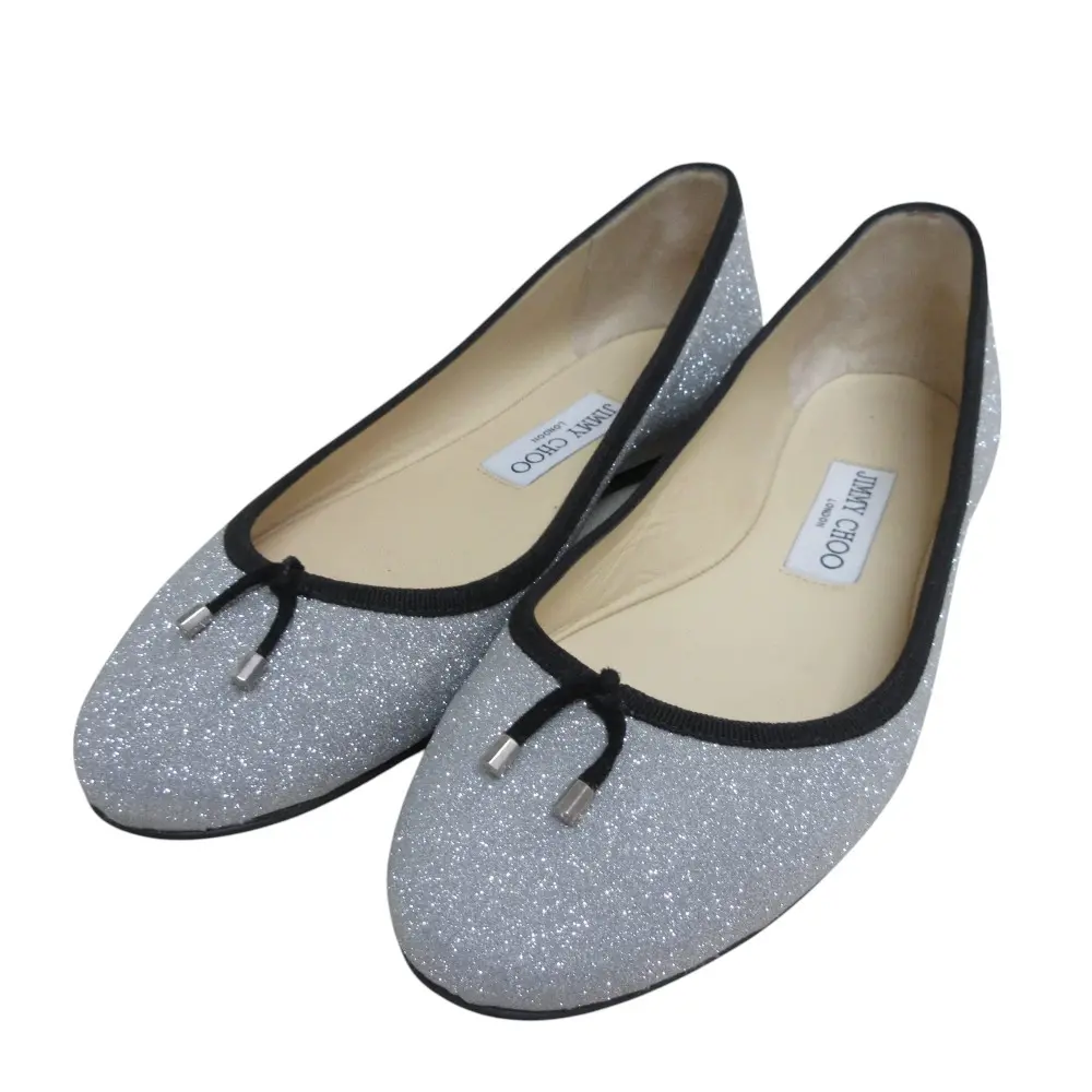 JIMMY CHOO ジミーチュウ リボン ラメ グリッター フラットパンプス バレエシューズ 36 1/2 23.5cm相当 シルバーカラー
