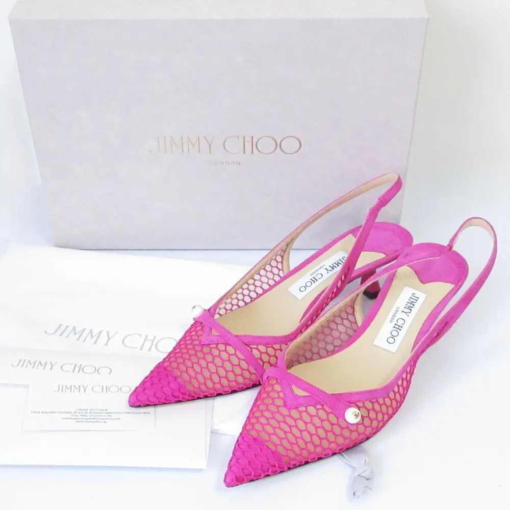 22AW JIMMY CHOO ジミーチュウ AMITA45 スエード ポインテッドトゥ メッシュ スリングバックパンプス 37.5 24cm フーシャピンク