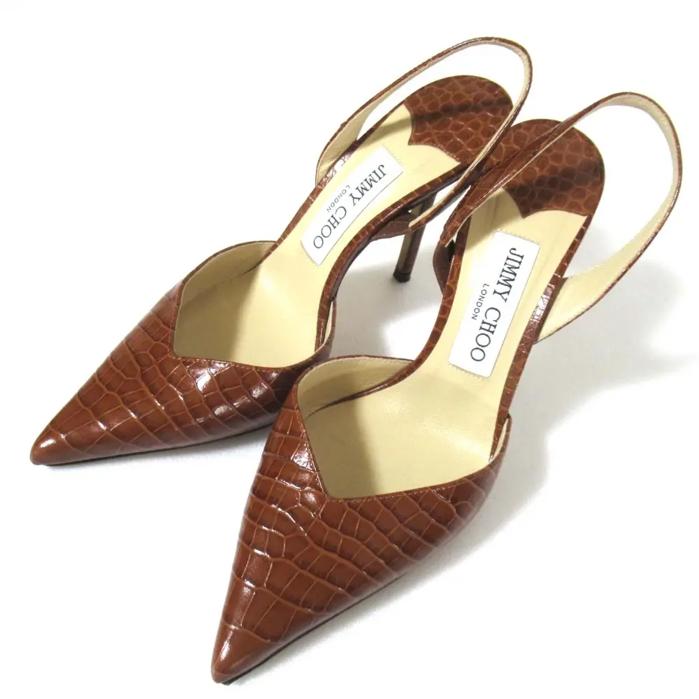 JIMMY CHOO ジミーチュウ クロコ型押し ポインテッドトゥ スリングバック ミュール パンプス サイズ35.5 約22.5cm ブラウン