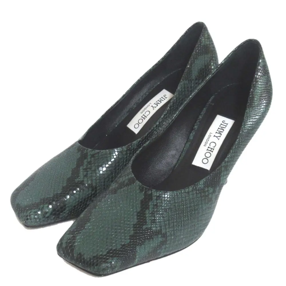 JIMMY CHOO ジミーチュウ パイソン型押し スクエアトゥ ハイヒール パンプス サイズ37.5 24.5cm グリーン