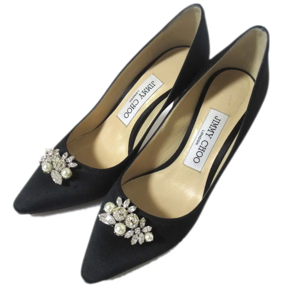 JIMMY CHOO ジミーチュウ サテン ハイヒール ポインテッドトゥ ビジューパンプス サイズ34.5 約21.5cm ブラック