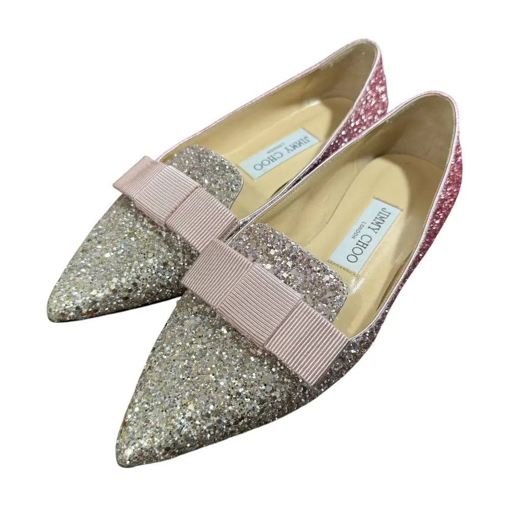 JIMMY CHOO ジミーチュウ グリッター ポインテッドトゥ フラット パンプス サイズ35 1/2 約22.5cm ピンク×シルバー