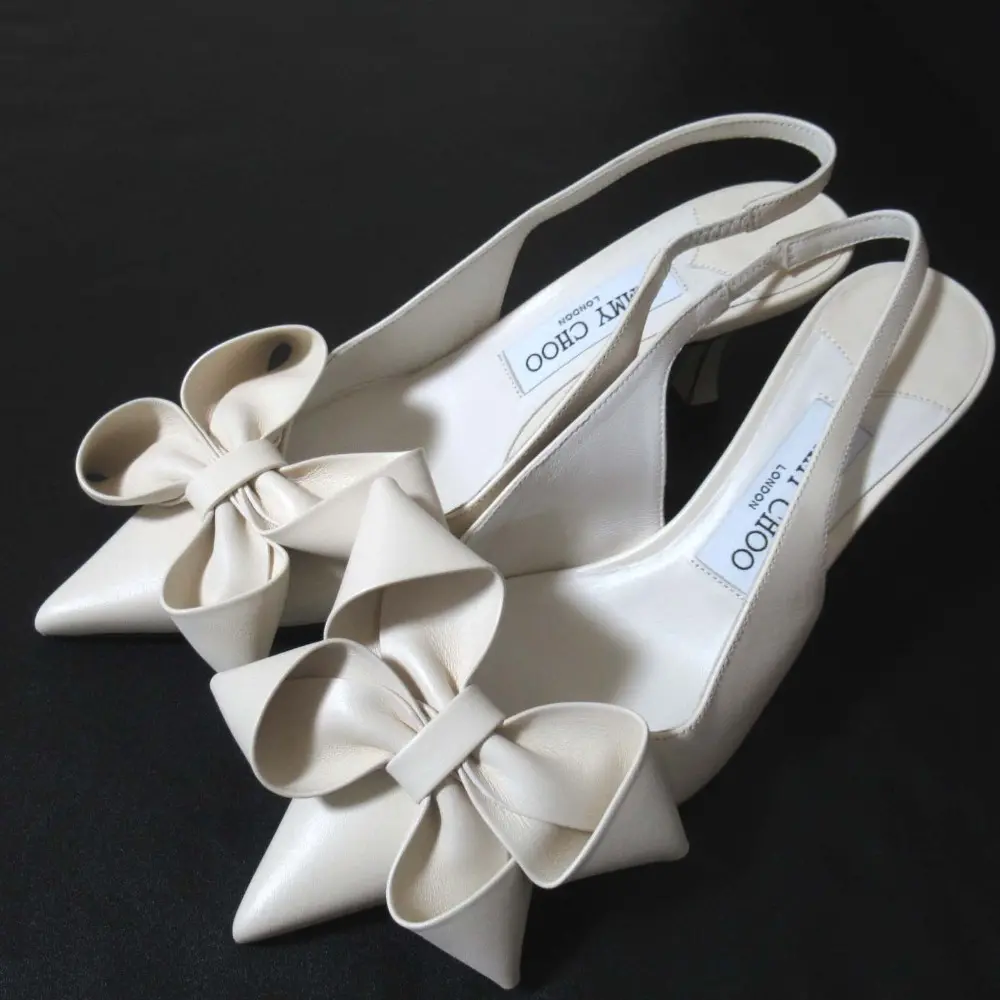 JIMMY CHOO ジミーチュウ STAZ スタズ ミュール75 リボン ポインテッドドゥ パンプス サイズ37 24cm アイボリー