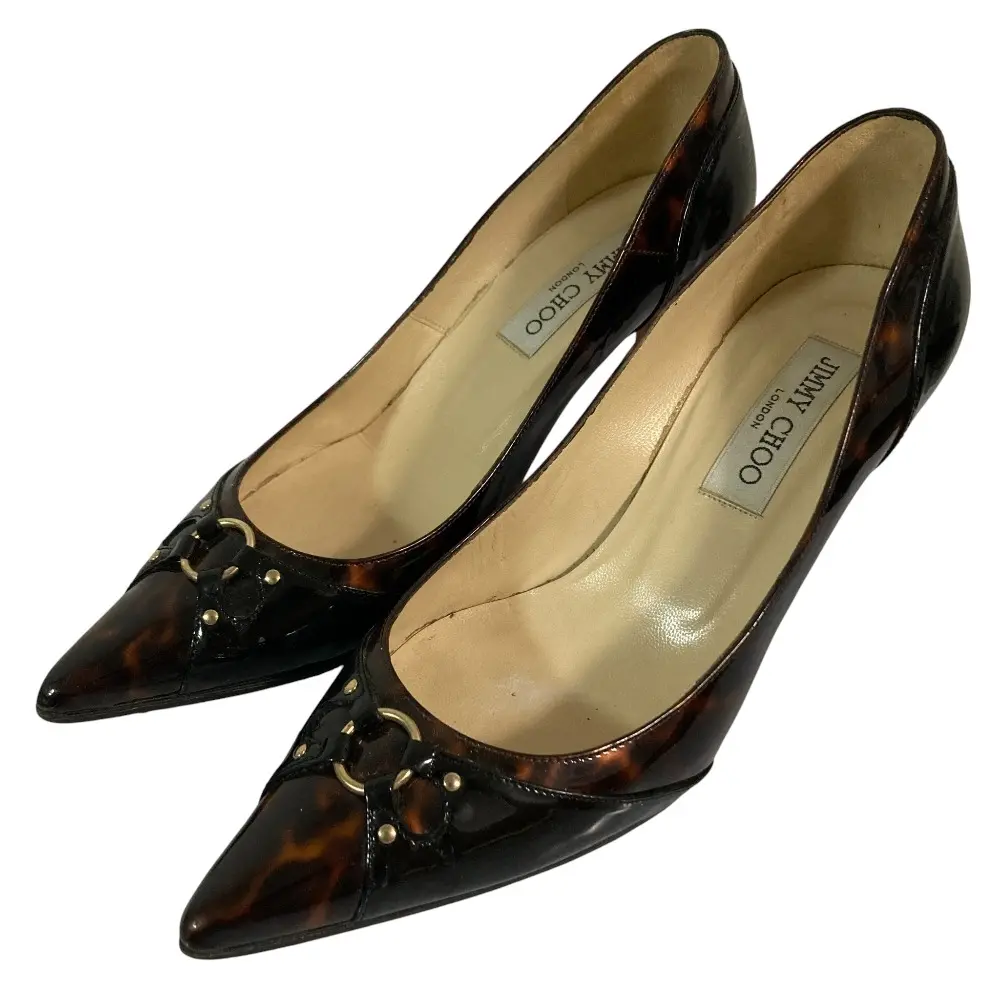 JIMMY CHOO ジミーチュウ パテントレザー べっ甲柄 ポインテッドトゥ パンプス サイズ37 約24cm ブラウン