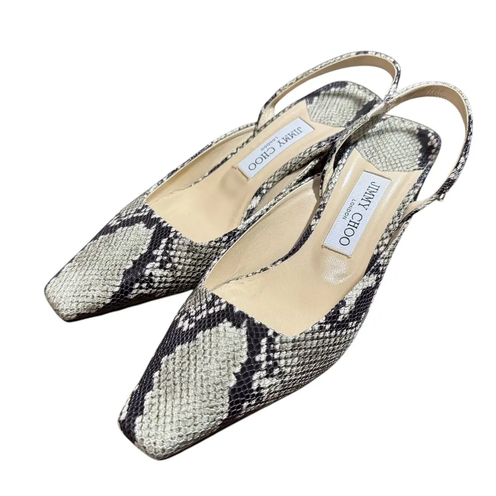 JIMMY CHOO ジミーチュウ パイソン柄 スクエアトゥ スリングバック パンプス サイズ37 1/2 24.5cm相当 グリーン系