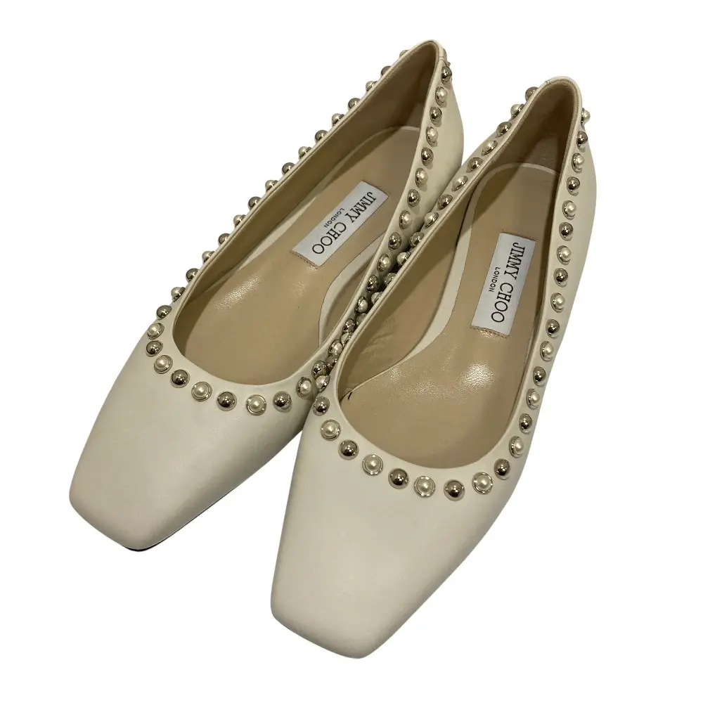 JIMMY CHOO ジミーチュウ Mirele スクエアトゥ スタッズ フラットパンプス サイズ38 25cm相当 ホワイト