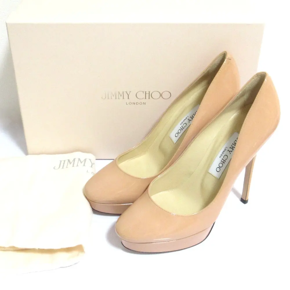 JIMMY CHOO ジミーチュウ パテントレザー ハイヒールパンプス 37.5 24cm相当 ピンクベージュ