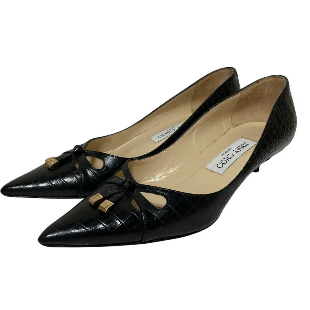 JIMMY CHOO ジミーチュウ レザー クロコ型押し ポインテッドトゥ リボン パンプス 37 24cm相当 ブラック