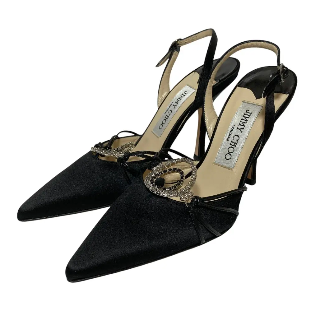 JIMMY CHOO ジミーチュウ サテン ビジュー ポインテッドトゥ ストラップ パンプス サンダル 35 22cm相当 ブラック