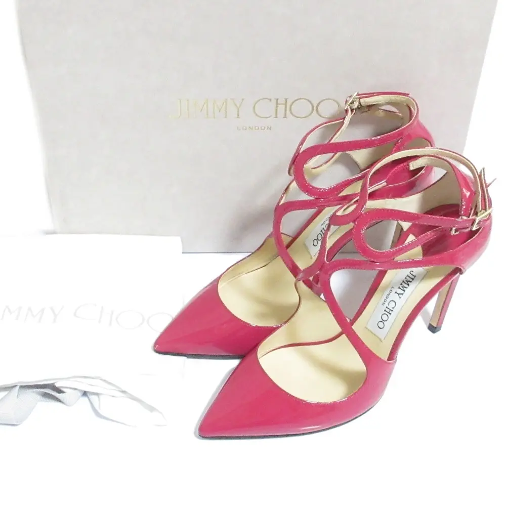 JIMMY CHOO ジミーチュウ LANCER 100 パテントレザー アンクルストラップ パンプス 37 24cm相当 ピンク