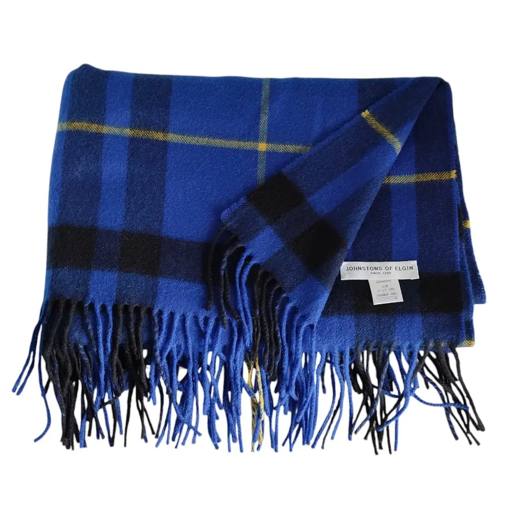 Johnstons of Elgin ジョンストンズ オブ エルガン カシミヤ100％ チェック柄 大判 フリンジストール マフラー ブルーの買取実績【2025年4月買取】