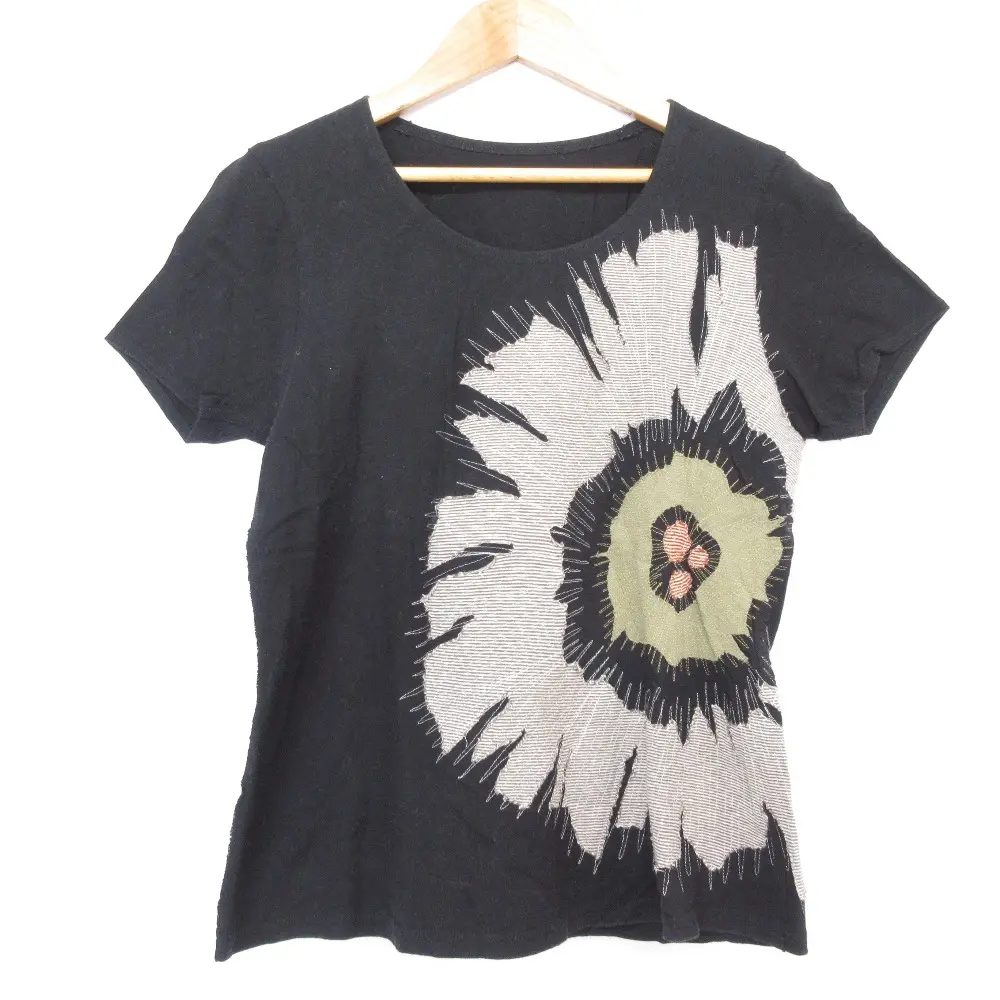 JURGEN LEHL ヨーガンレール コットンリネン フラワーステッチ 半袖 カットソー Tシャツ Mサイズ ブラック