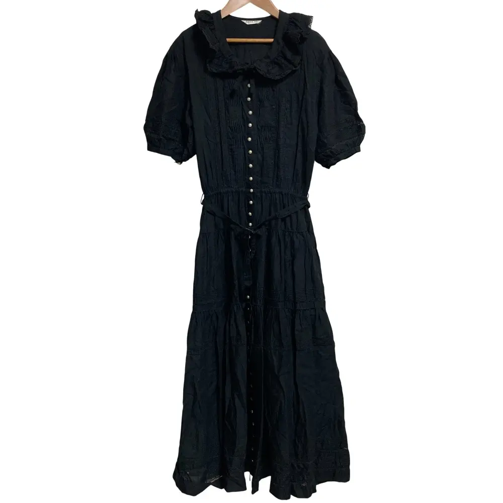 KANEKO ISAO カネコイサオ レースカラー 半袖 プリーツ シャツワンピース ブラック