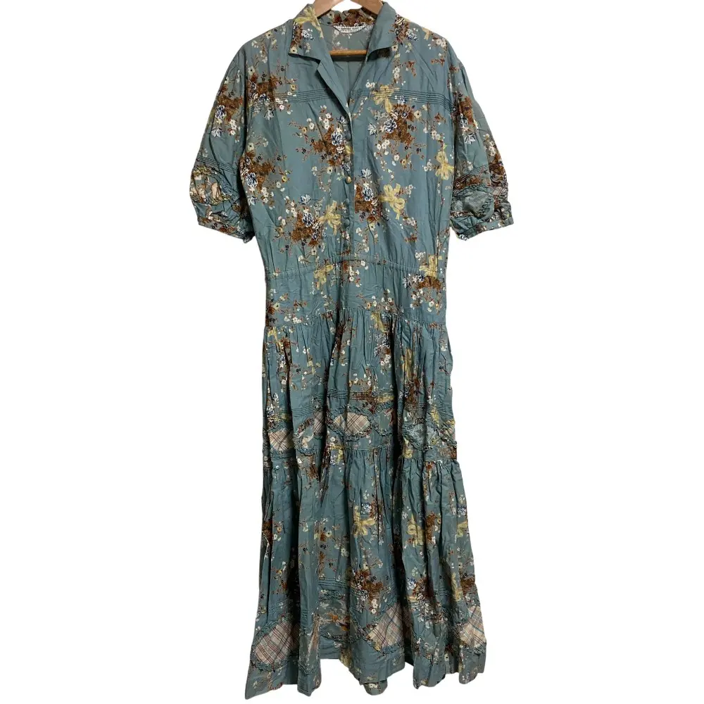 KANEKO ISAO カネコイサオ フラワープリント チェックパッチワーク 半袖 ロング シャツワンピース グリーン